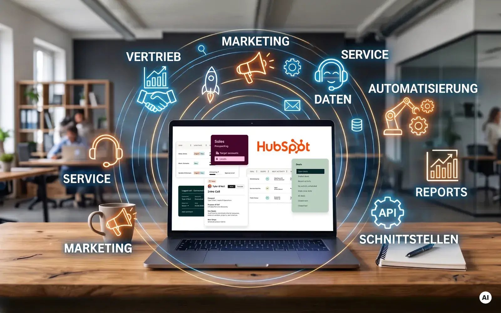 Laptop auf einem Schreibtisch mit großem Fragezeichen auf dem Bildschirm. Im Hintergrund schweben vernetzte Symbole und Begriffe wie Marketing, Vertrieb, Service, Daten, Automatisierung und Schnittstellen auf mehreren Kreisebenen um den Laptop.