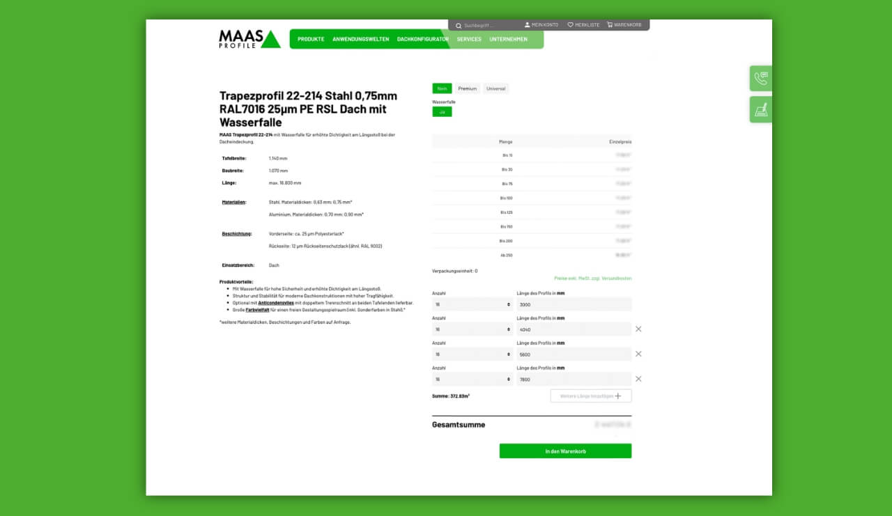 Stückliste der Bestellung eines Trapezprofils auf der MAAS Website