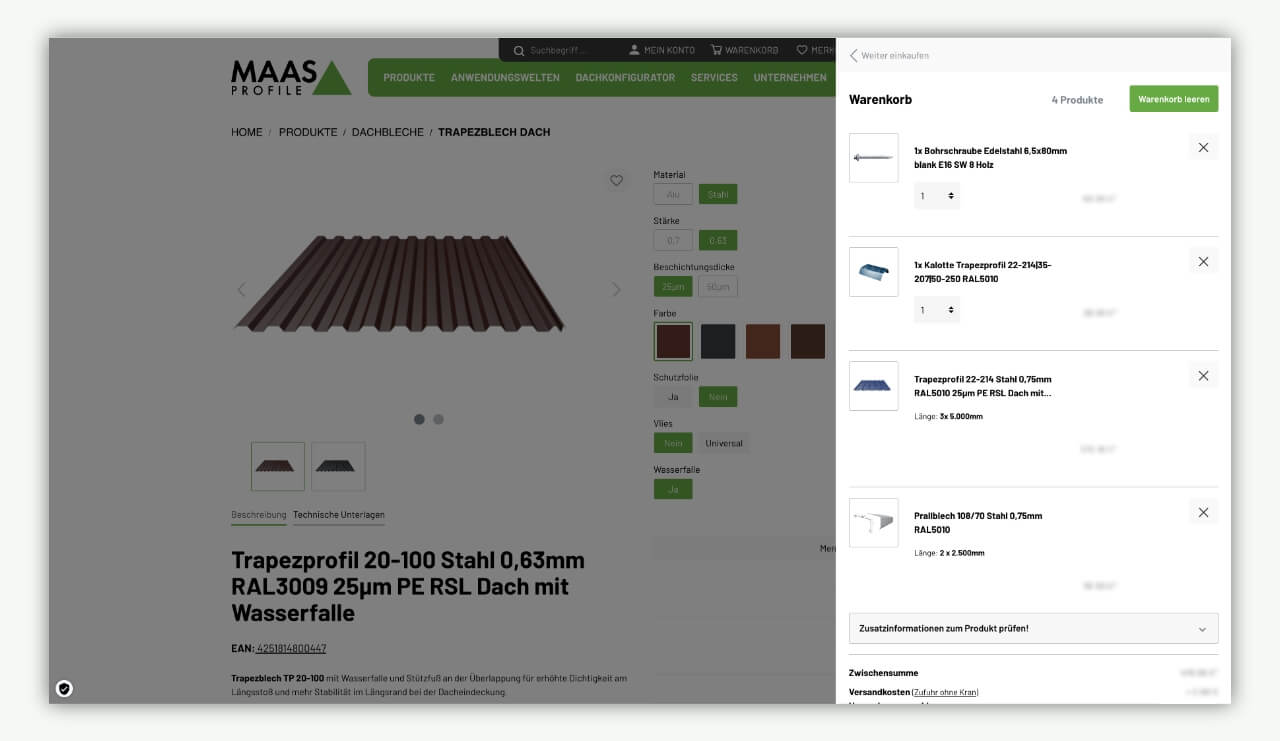 Offener Warenkorb auf der MAAS Website