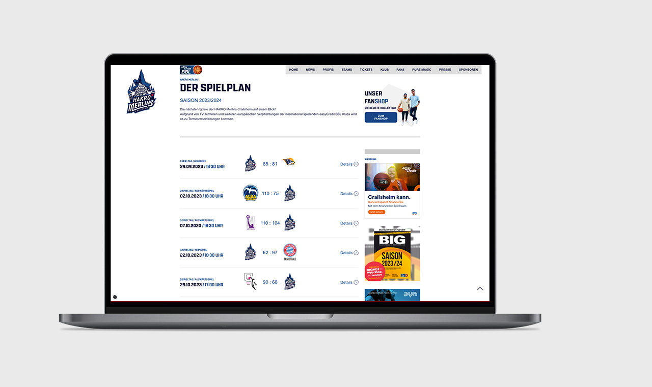 Desktop Mockup neue Merlins Seite BBL Spielplan