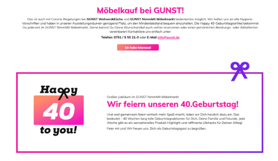 Ausschnitt aus der Landingpage