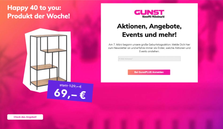 Aktionsprodukt der Woche auf der Landingpage