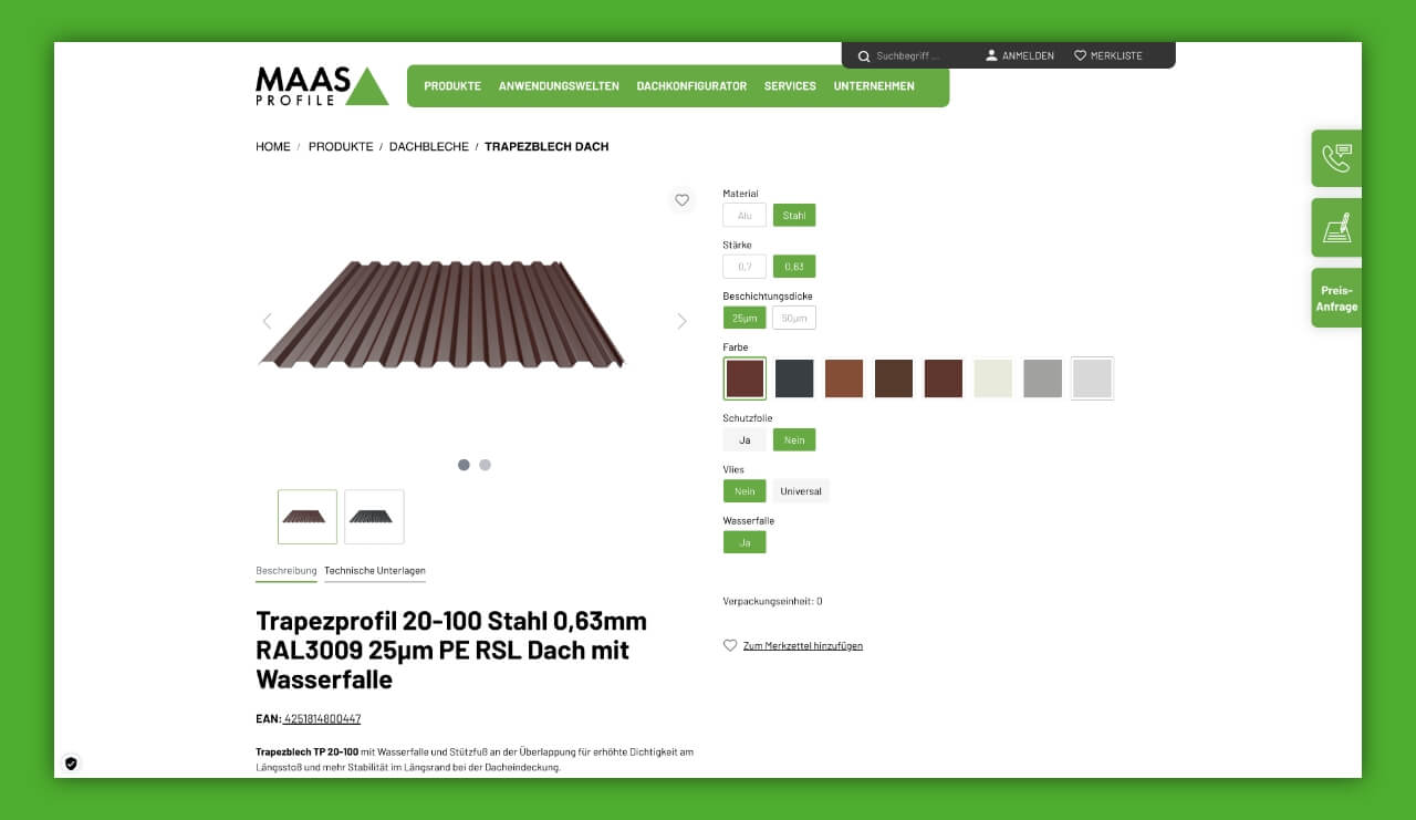 Shop-Seite auf der MAAS Website im Bereich Trapezblech Dach