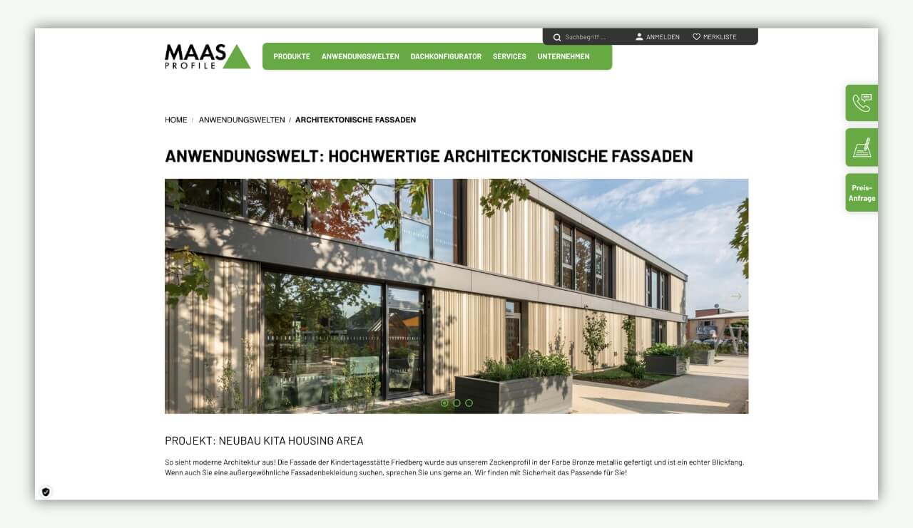 Anwendungswelt hochwertige Architektonische Fassade auf der MAAS Website