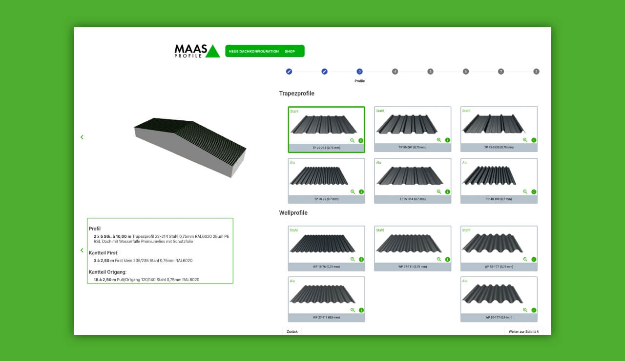 Auswahl des Dachprofils im Dachkonfigurator