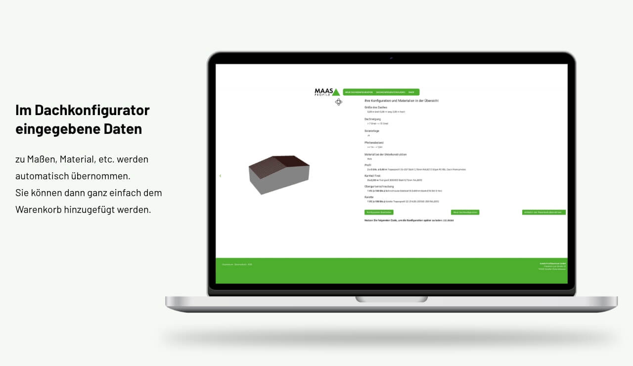 Mockup der gesammelten Produktinformationen am Ende des Dachkonfigurators