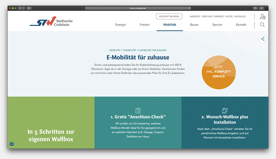 Screenshot zeigt den Bereich E-Mobilität auf der Webiste