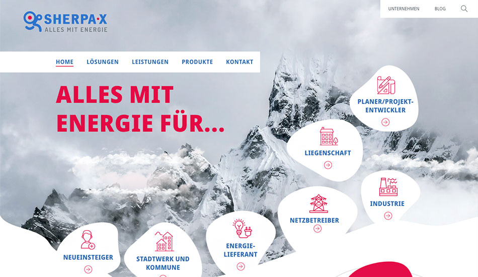 Screenshot der Startseite von SHERPA-X zeigt die Anlehnung des Designs an die Bergwelt