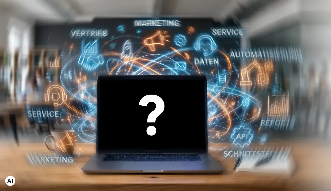 Laptop auf einem Schreibtisch mit großem Fragezeichen auf dem Bildschirm. Im Hintergrund schweben vernetzte Symbole und Begriffe wie Marketing, Vertrieb, Service, Daten, Automatisierung und Schnittstellen.