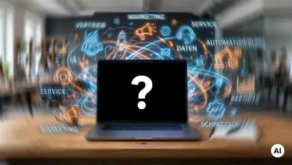 Laptop auf einem Schreibtisch mit großem Fragezeichen auf dem Bildschirm. Im Hintergrund schweben vernetzte Symbole und Begriffe wie Marketing, Vertrieb, Service, Daten, Automatisierung und Schnittstellen.
