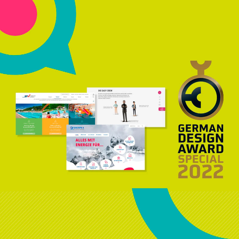 Screenshots der 3 Websites, die mit dem German Design Award 2022 ausgezeichnet wurden.